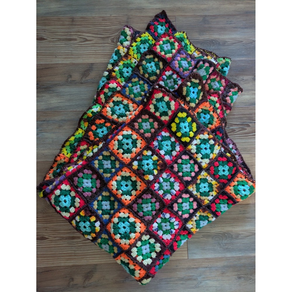 Handmade Crochet Granny Square Rectangle Sofa Throw Blanket Retro Multicolor